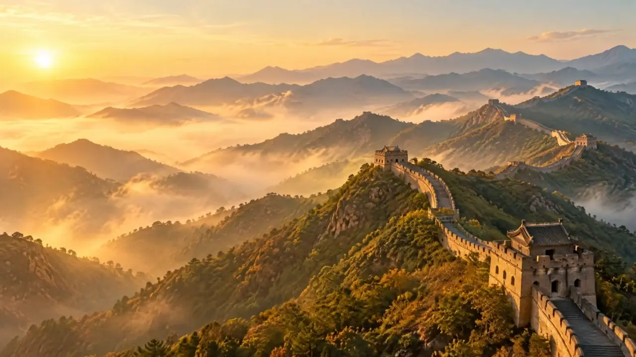 La Gran Muralla China entre montañas con niebla al amanecer