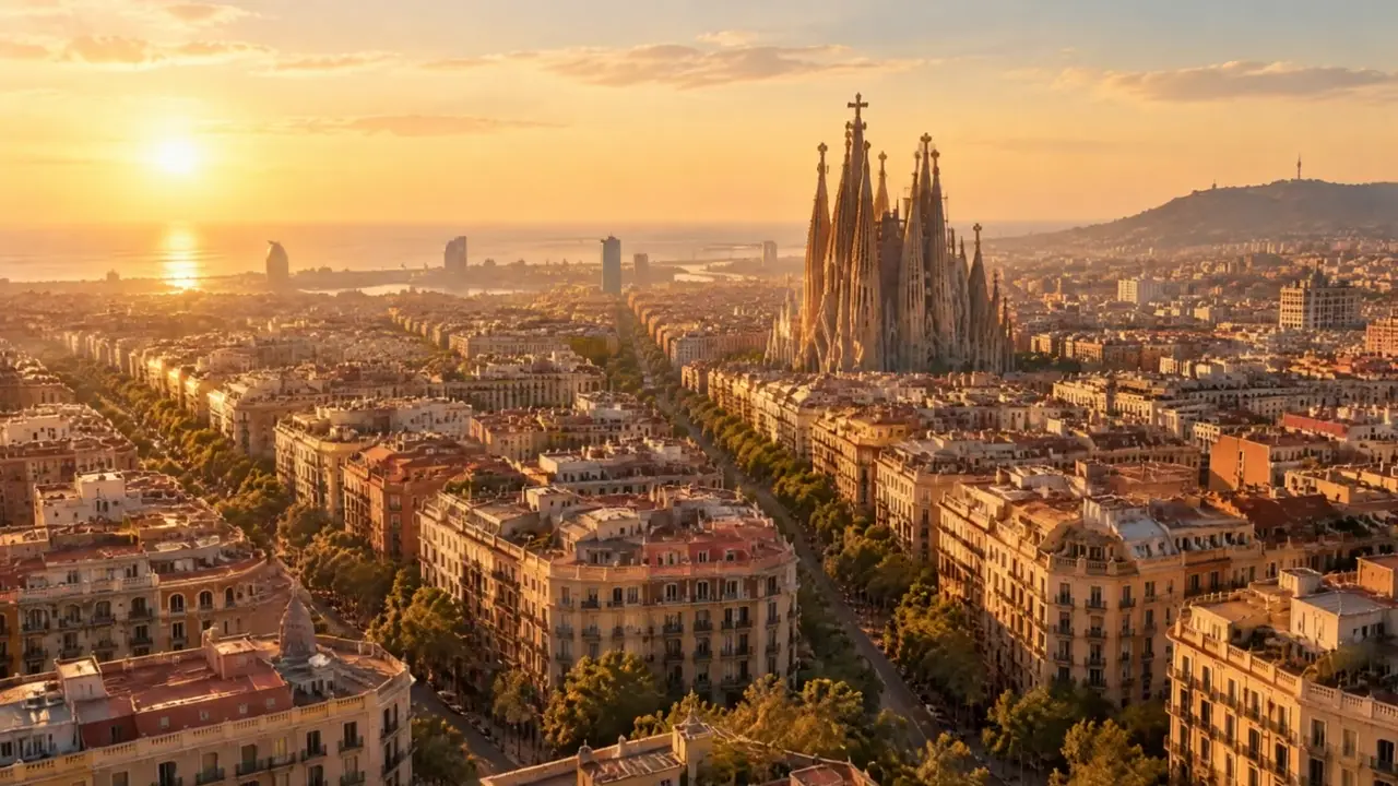 Barcelona al atardecer con la Sagrada Familia y el Mediterráneo