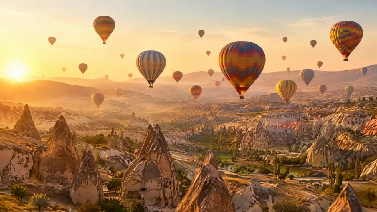 Globos aerostáticos al amanecer sobre Capadocia, Turquía