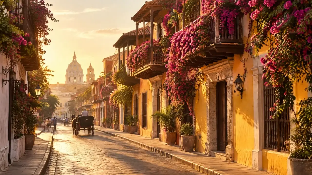 Calle colonial colombiana con balcones de buganvilias al atardecer