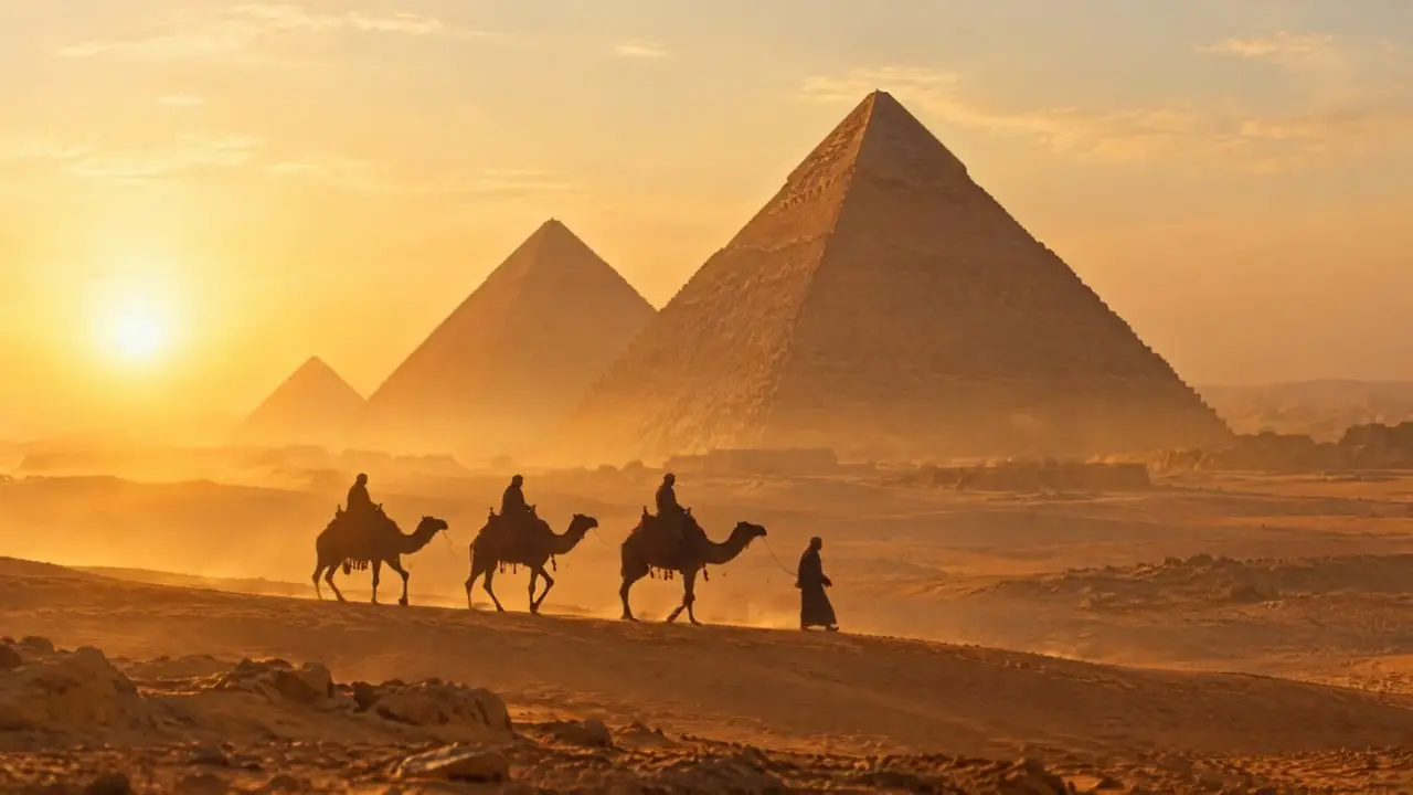 Pirámides de Giza al amanecer con una caravana de camellos