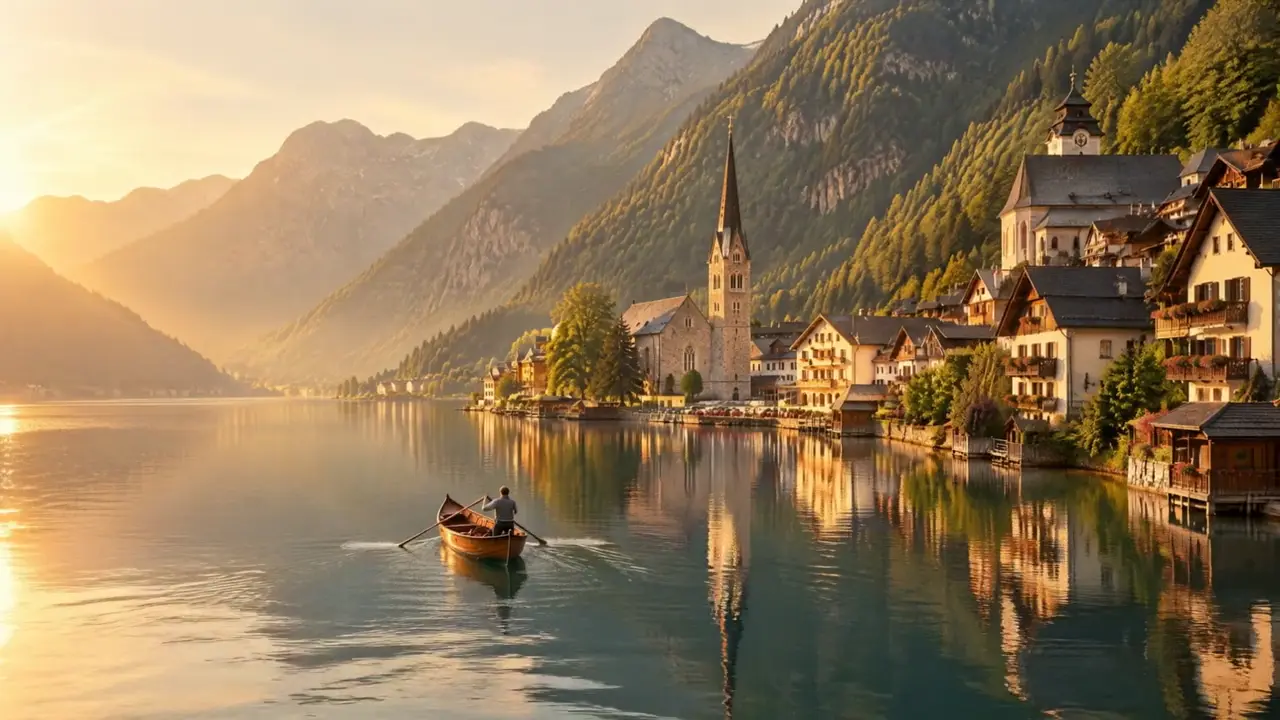 Hallstatt, Austria, reflejado en el lago al atardecer