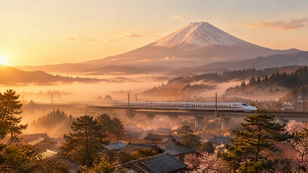 Monte Fuji al amanecer con un tren bala cruzando el valle