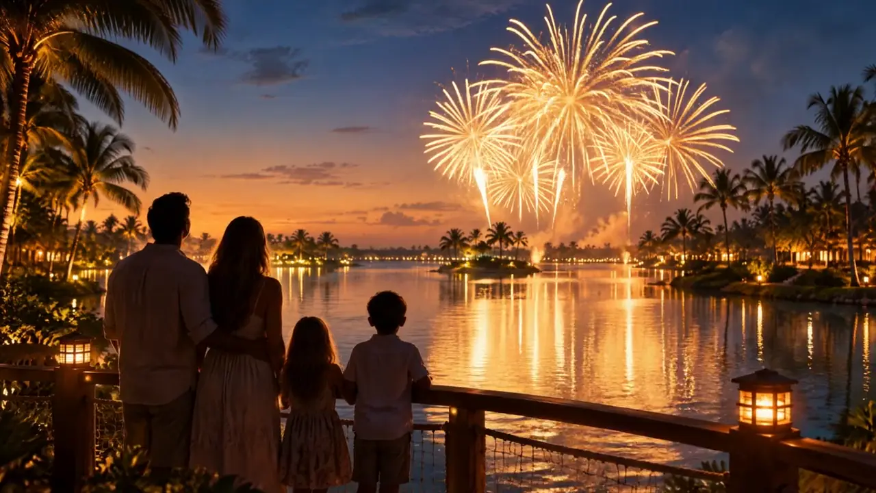 Familia mirando fuegos artificiales sobre una laguna en Florida
