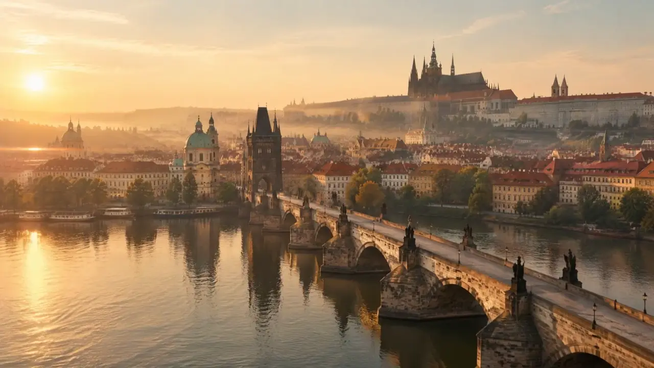 Praga al amanecer, el Puente de Carlos y el castillo sobre el río Moldava