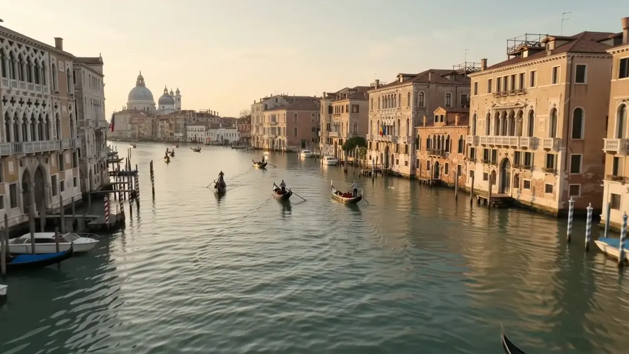 Góndolas en un canal de Venecia al atardecer