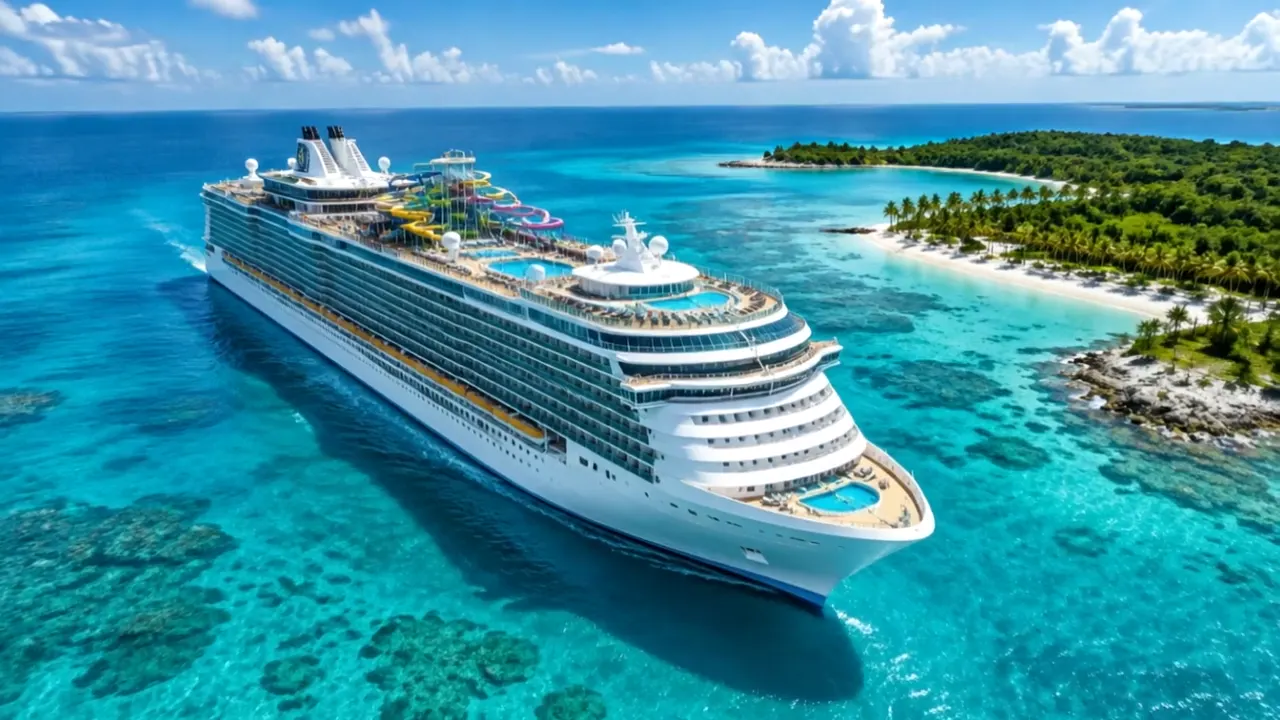 Crucero con toboganes de agua navegando en aguas turquesa junto a una isla del Caribe