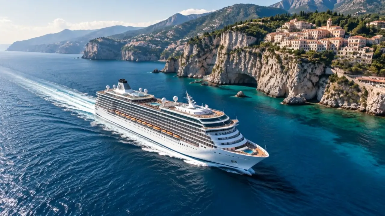 Crucero blanco navegando junto a acantilados y un pueblo de la costa mediterránea