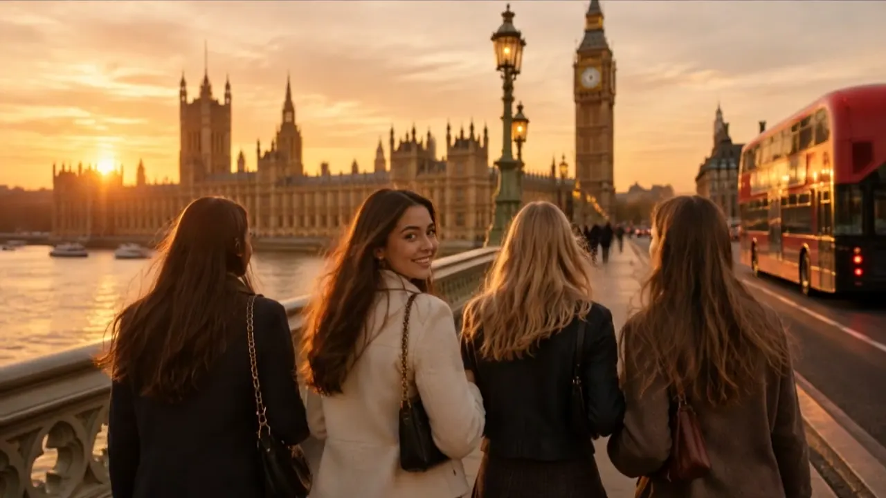 Amigas caminando por el puente de Westminster, Londres, al atardecer